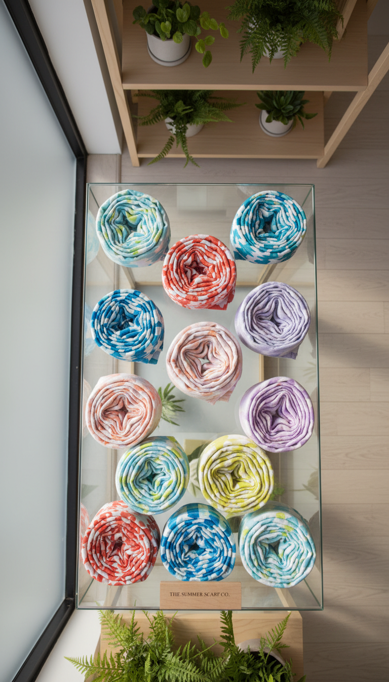 A series of patterned summer scarves—made of lightweight organic cotton and soft bamboo blends—neatly coiled atop a low glass display case. The setting is an airy, modern boutique interior with pale natural wood accents and hints of greenery. Gentle morning sunlight filters through a frosted glass window, illuminating the fabric’s vibrant prints—floral motifs, geometrics, and watercolor-inspired gradients—while casting beautiful, delicate shadows on the surface. Captured from a top-down, bird’s eye perspective with symmetrical framing, the scene is lively, fresh, and visually engaging, highlighting the diverse selection offered by the online store.