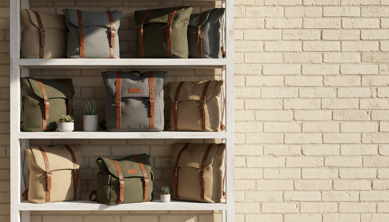 A curated collection of eco-friendly canvas totes and backpacks in earthy tones—stone, olive, and sand—arranged artfully on a white-washed shelving unit against a backdrop of light clay brick. Gentle midday daylight enters from the right, casting crisp yet soft-edged shadows and subtle highlights across the rugged canvas textures and stitched leather details. The arrangement uses rule of thirds composition, balancing negative space with the tactile appeal of the bags. The effect is natural, environmentally conscious, and contemporary, evoking a clean modern lifestyle while showcasing the sustainable fashion approach of the brand.