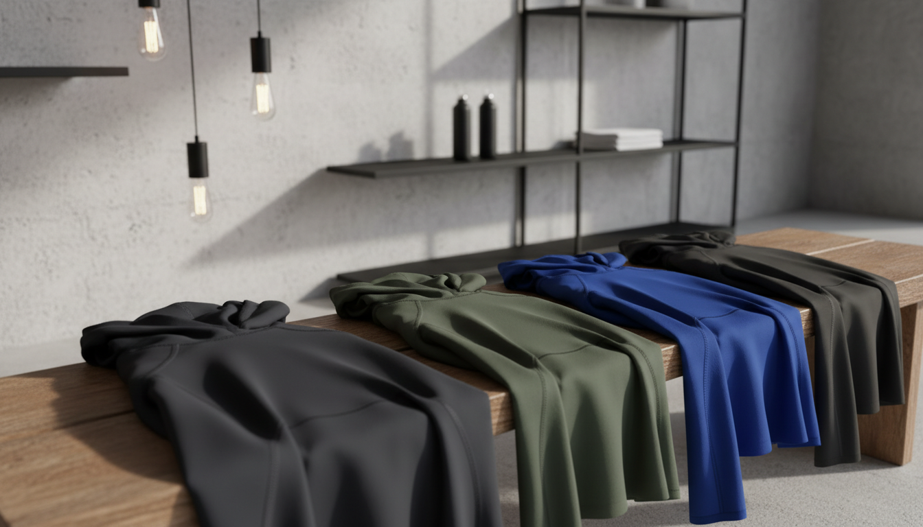 A collection of sleek athletic hoodies made from moisture-wicking performance fabric, arranged in a carefully staggered display on a raw wooden bench. The backdrop features an industrial-styled, light-gray concrete wall accented with minimal metal shelving. Warm, ambient pendant lighting casts soft highlights across the fabric's smooth surface and creates dynamic, gentle shadows behind. Shot from a three-quarter angle with a focused foreground and slightly softened background, the image conveys energy and modernity. The overall feeling is bold and stylish with urban undertones, tailored to an audience seeking both comfort and active-wear fashion.