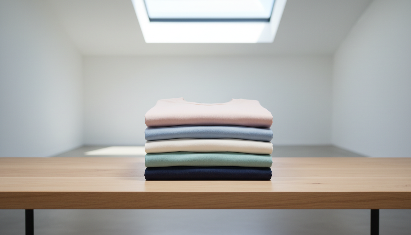 A neatly folded stack of premium cotton t-shirts in a harmonious array of colors, including deep navy, crisp white, and subtle pastel tones, resting on a natural wood tabletop. The setting is a minimalist retail display space with clean white walls and a brushed concrete floor, evoking a contemporary, uncluttered mood. Soft, diffuse daylight from a skylight envelops the scene, creating smooth highlights on the fabric and gentle shadows underneath. The composition centers the stack at eye level, employing a clean, modern aesthetic with sharp focus and a subtly blurred background to emphasize the textures and quality of the garments. The mood is fresh, inviting, and professional, reflecting the ethos of a versatile online clothing store.